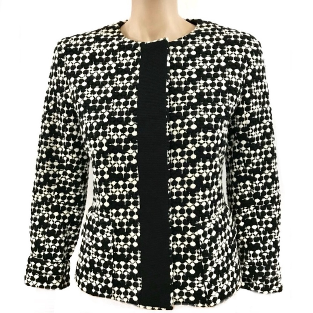 AKRIS PUNTO Blazer Jacket Tweed Dot Embroidered Wool Belted Waist Black White 8